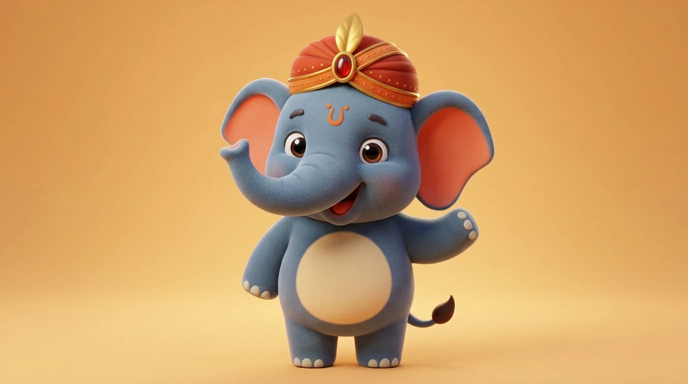 Gyan, a smiling 3D baby elephant wearing a red and gold turban